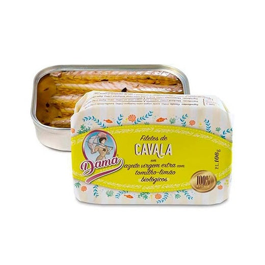 Filetes de Cavala em Azeite Virgem Extra com Tomilho-Limão Biológicos – Dama 106gr