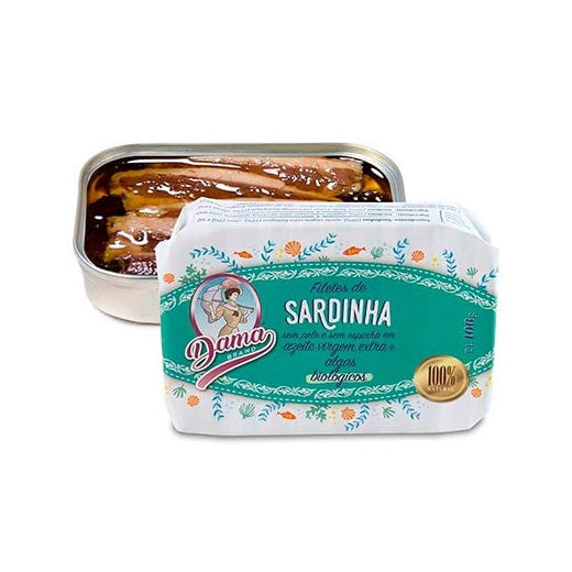 Filetes de Sardinha sem Pele e sem Espinhas em Azeite Virgem Extra e Algas Biológicas 106gr